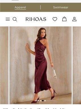 RIHOAS Burgundy One-Shoulder Satin Midi Dress